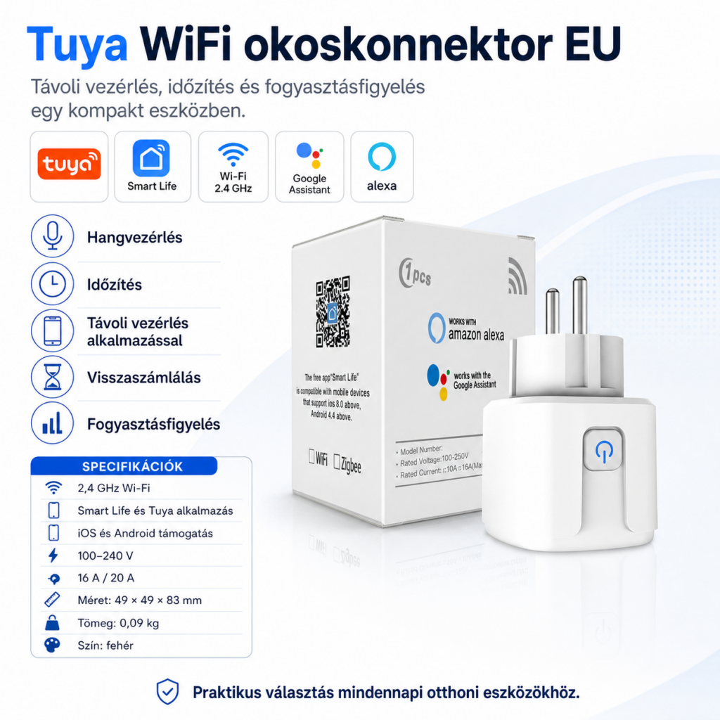Okos konnektor fogyasztásmérővel, fehér WiFi-s Tuya okoskonnektor fali aljzatban
