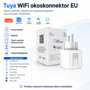 Okos konnektor fogyasztásmérővel, fehér WiFi-s Tuya okoskonnektor fali aljzatban
